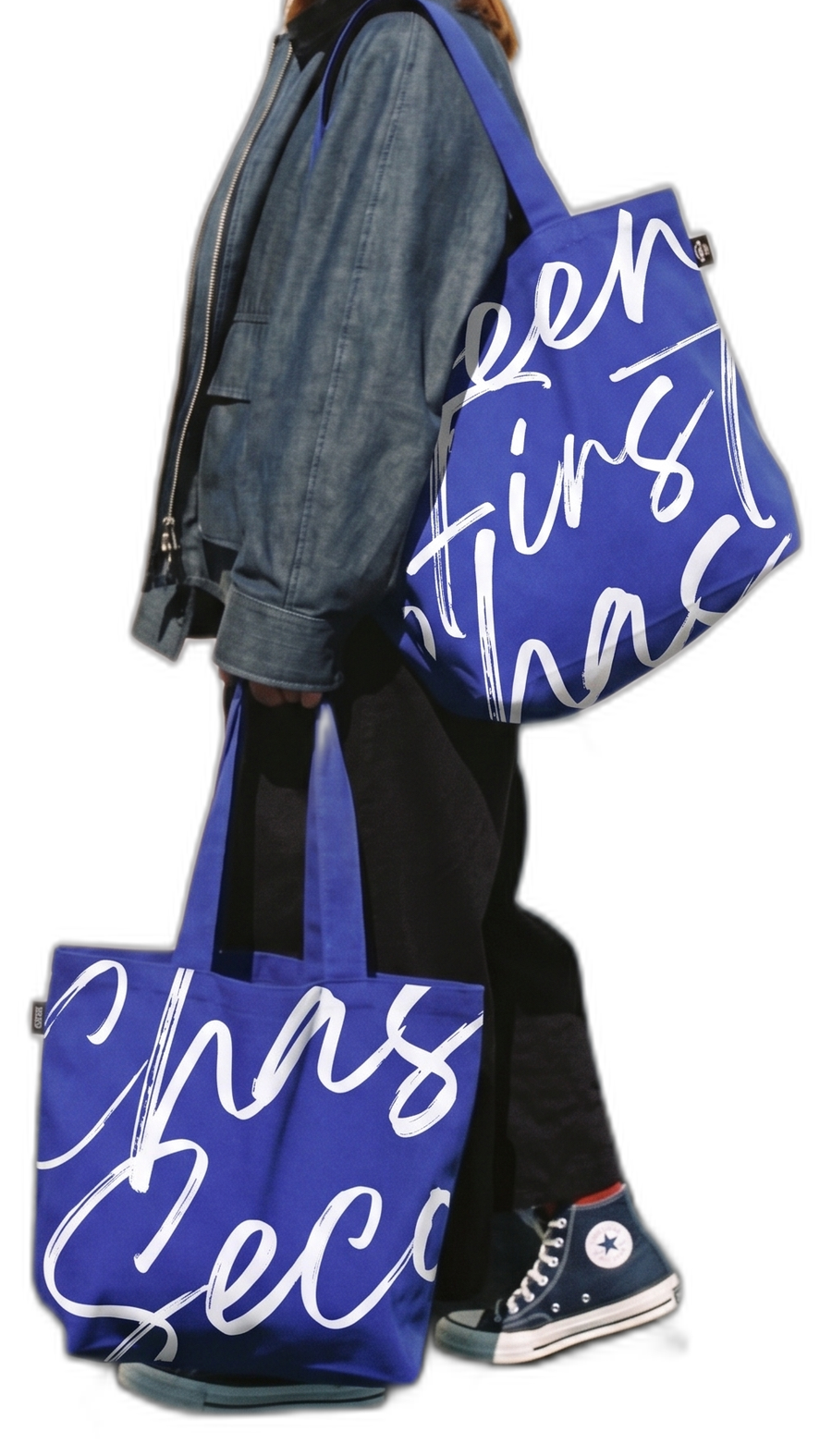 Someone carrying Inbound tote bags reading Seen first, Chased second